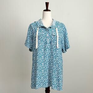 Kavu Blue Mosaic Drawstring Hoodie Short Sleeve Hiking Tunic Button-Up Shirt